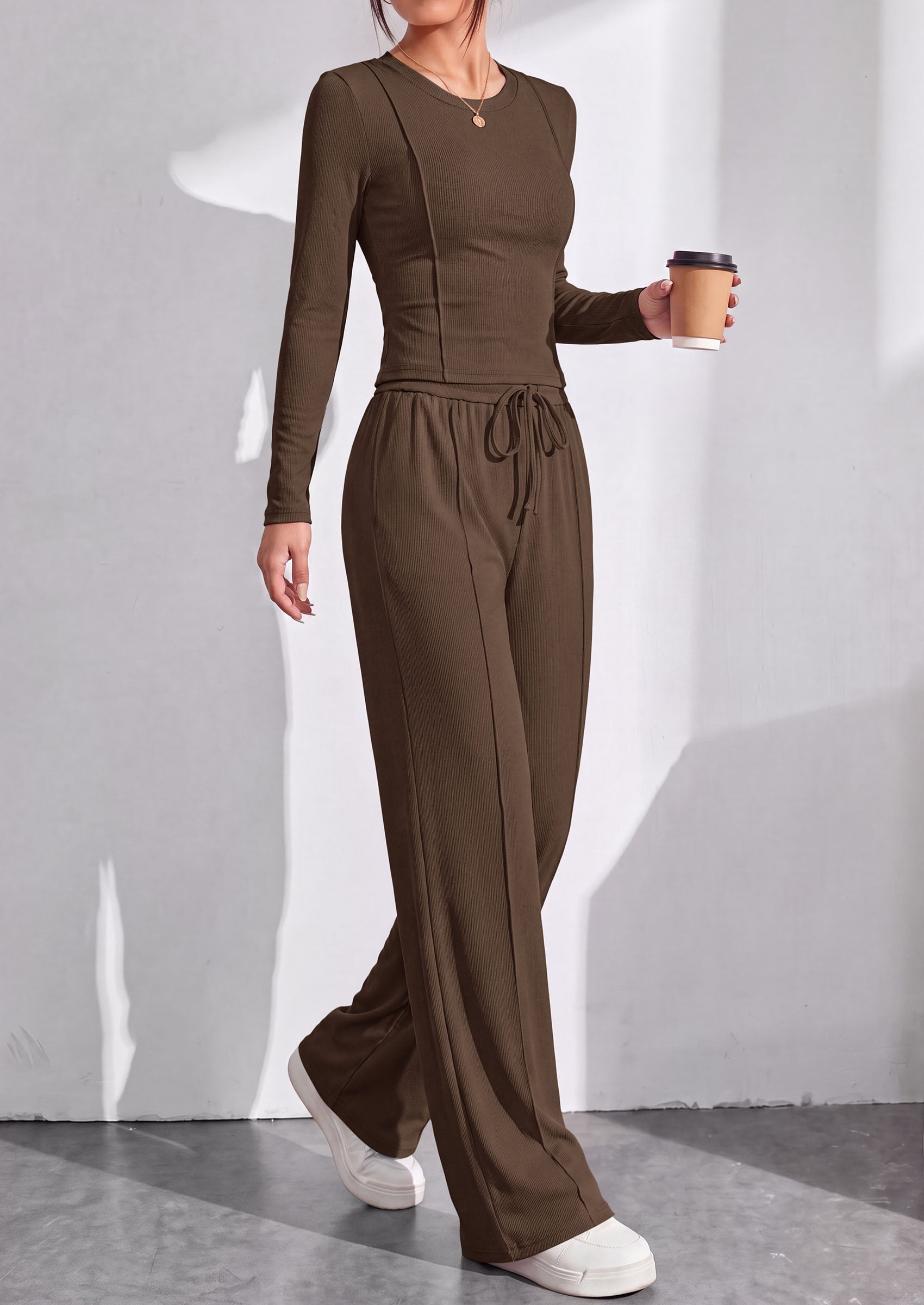 PRETTYGARDEN Womens 2 Piece Sets Long Sleeve Outfits  Soft Ribbed Knit, Loose Wide Leg Fit, Crop Top Drawstring High Waist Pants Set, Casual Lounge Travel, Matching Fall Clothes