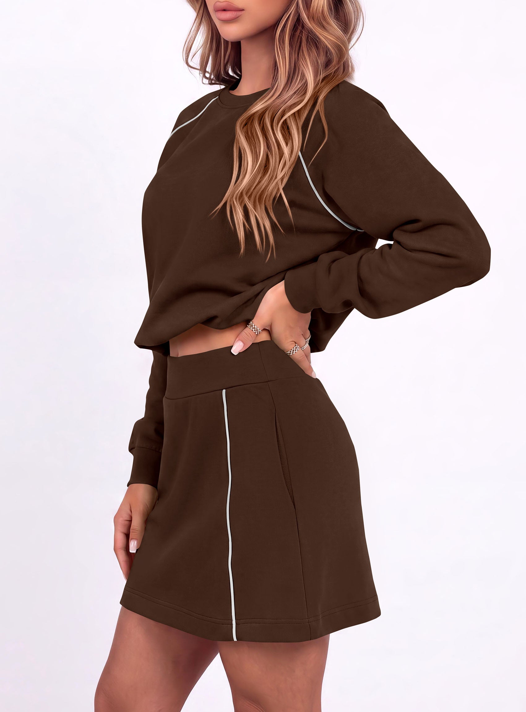 PRETTYGARDEN Women's Two Piece Outfits Matching Skirt Sets | Color Block Long Sleeve Top Sweatshirt, Mini Short Skirts, Elastic Waist Skorts Pocket, 2pc Workout Set, Fall Fashion Clothes