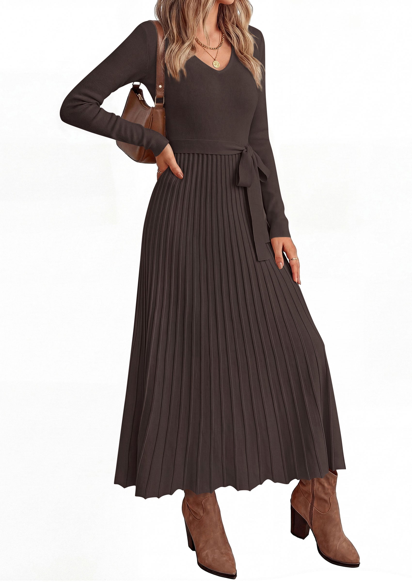 PRETTYGARDEN Womens Fall Maxi Long Sleeve Sweater Dress  Soft Stretchy Knit, V Neck A Line Dresses with Bow, Flowy Pleated Hem, Cocktail Party Outfits, Trendy Winter Clothes