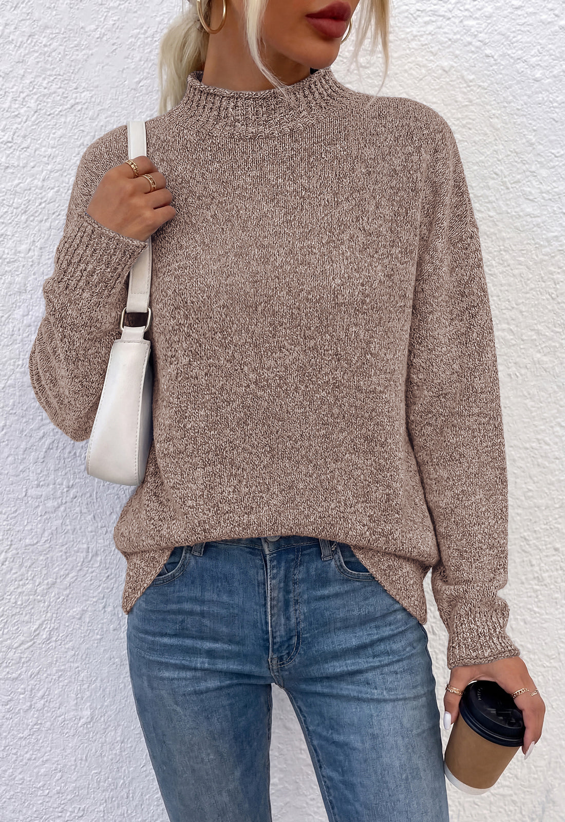 PRETTYGARDEN Womens Sweaters 2026 Mock Neck Ribbed Knit Fall Outfits | Long Sleeve Pullover Tops, Rolled Edge, Loose Fit, Soft Cotton Fabric, Comfy Cozy Sweater, Versatile Casual Cute Clothes