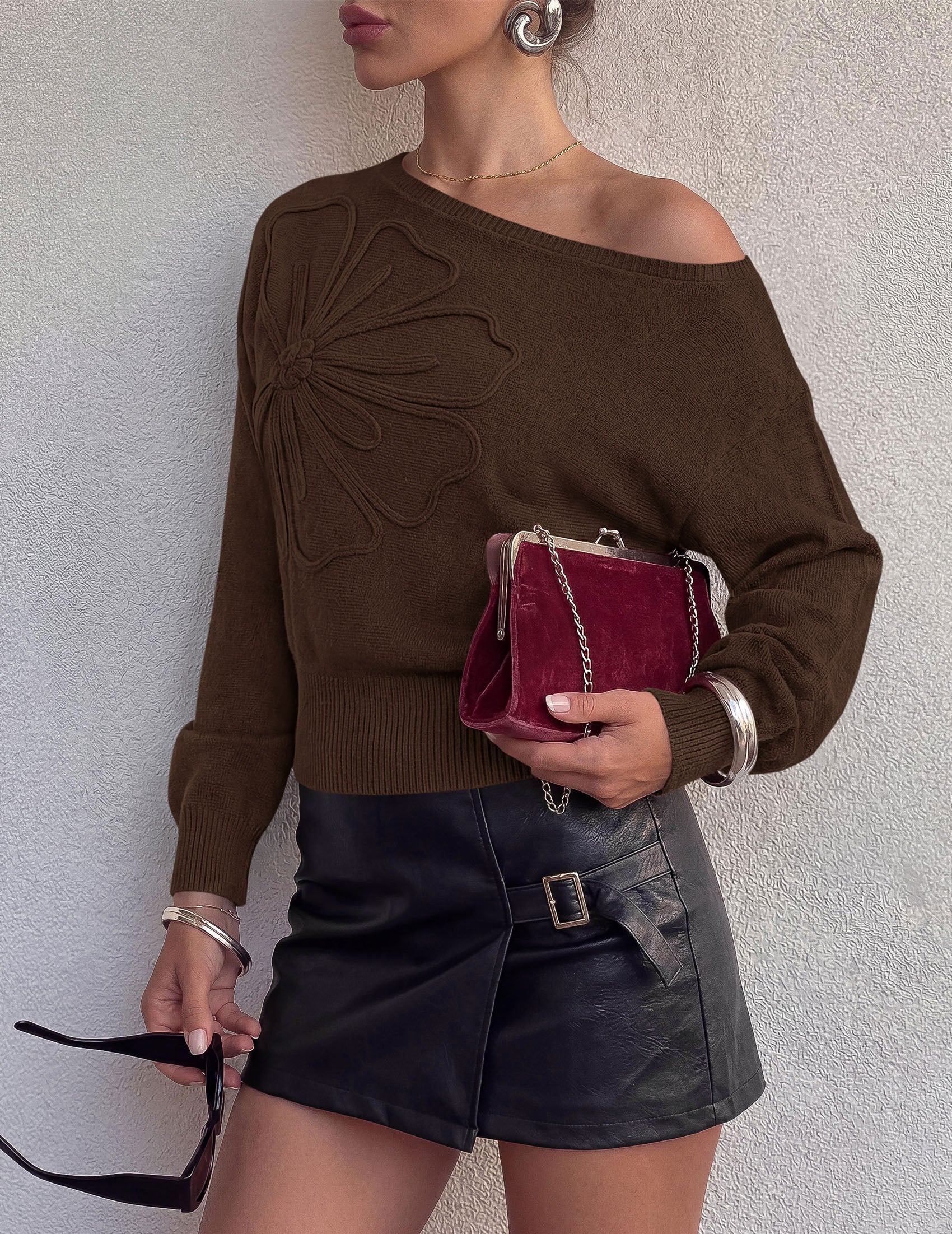 PRETTYGARDEN Women's Fall Off The Shoulder Sweater Tops   | 3D Flower Off Shoulder Sweater, Cinched Waist, Long Sleeve Cropped Sweaters, Knit Pullover Tops, Trendy Date Night Outfit