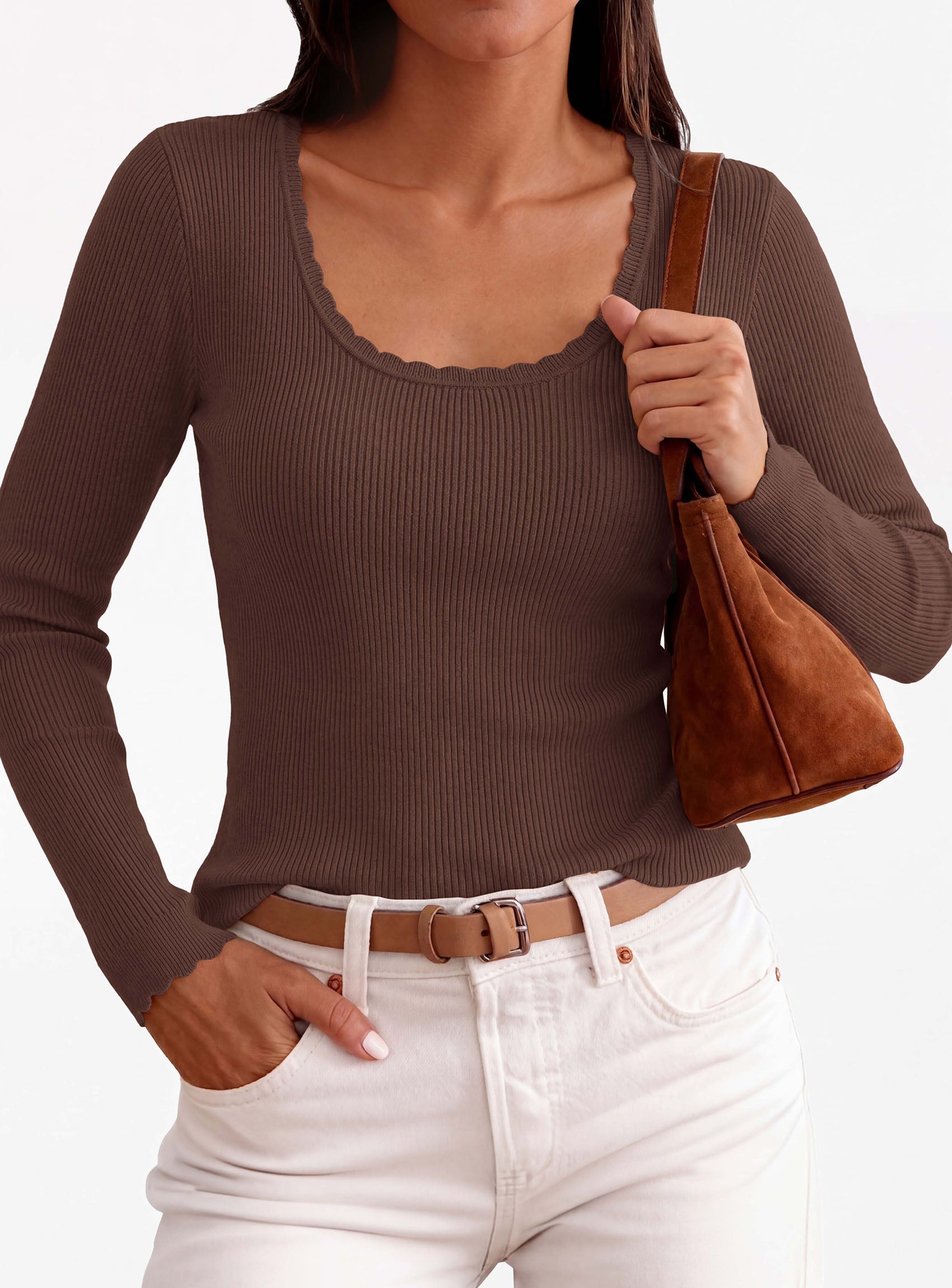 PRETTYGARDEN Women's Fall Lightweight Ribbed Knit Sweaters | Stretchy Cozy Knitwear,Scalloped Scoop Neck,Long Sleeve Shirts,Slim Fitted Pullover,Basic Layering Tops,Cute Casual Outfits