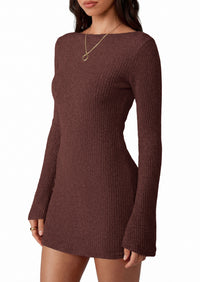 PRETTYGARDEN Womens Fall Bell Long Sleeve Mini Dress 2026 Casual Boat Neck Ribbed Bodycon Short Party Cocktail Dresses