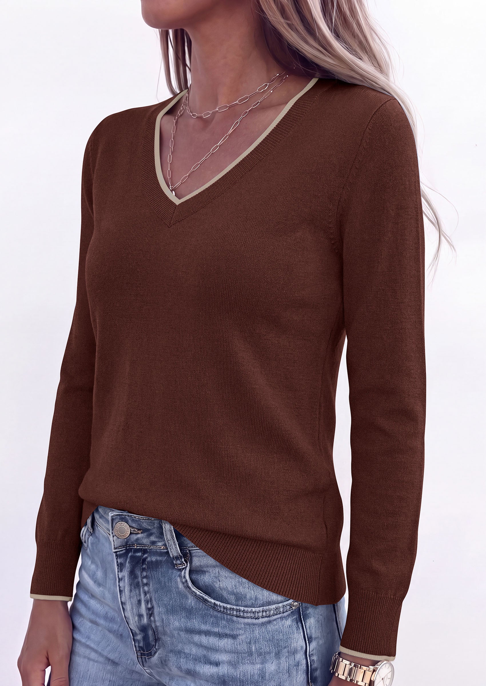 PRETTYGARDEN Women's V Neck Sweater Long Sleeve Knit Tops | Contrast Trim, Cozy Lightweight Pullover, Loose Basic Soft, Business Casual, Holiday Vacation Outfits, Fall Winter Clothes
