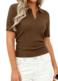 PRETTYGARDEN Women's Short Sleeve Sweater 2026 Spring Polo Shirts Ribbed Knit V Neck Business Casual Tops Summer Work Clothes PRETTYGARDEN