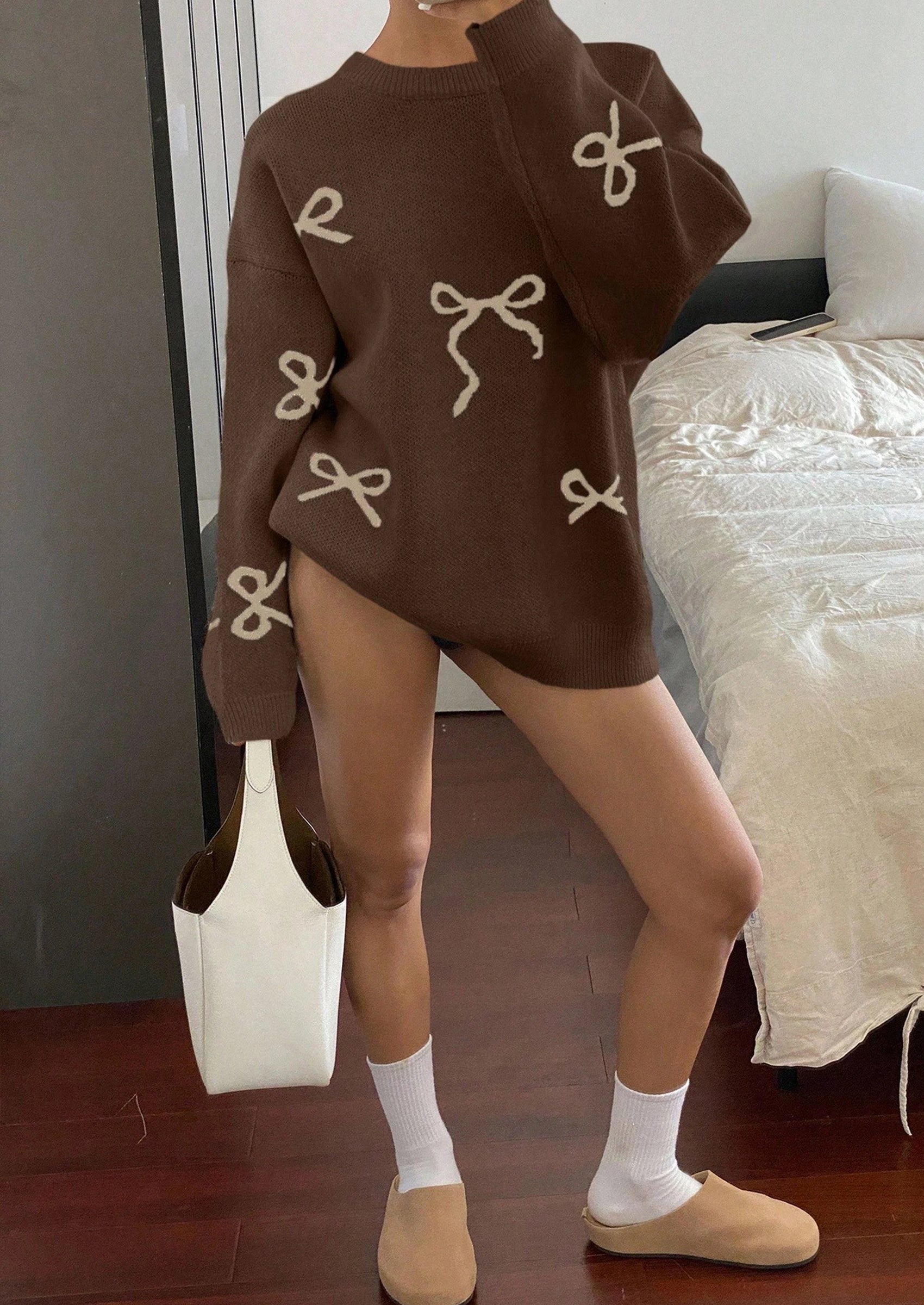 PRETTYGARDEN Fall Long Sleeve Pullover Sweaters for Women Trendy Crewneck Casual Cute Bow Chunky Knit Oversized Sweater