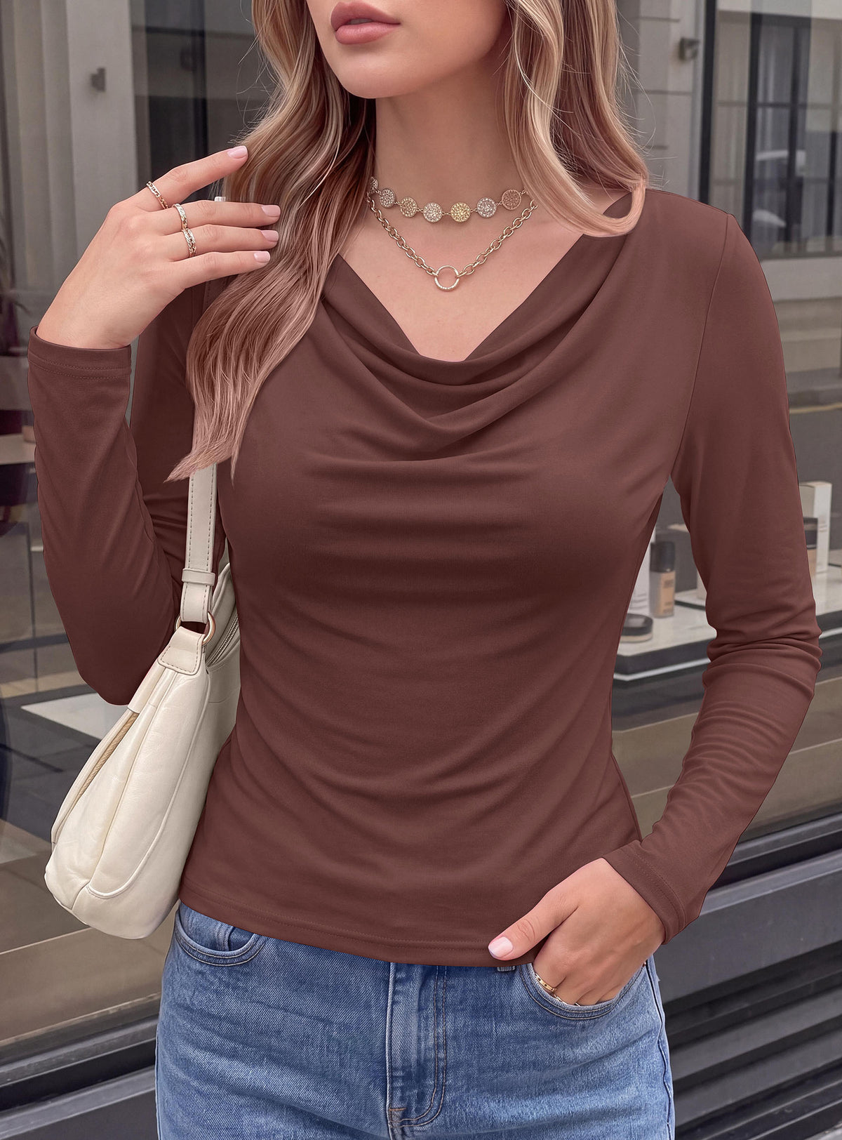 PRETTYGARDEN Cowl Neck Tops for Women Fashion Long Sleeve Shirt  Comfy Ruched Shirts, Soft Lightweight Knit, Chic Cowl Neck Top, Casual Going Out Outfits, Fall Winter Trendy Clothes