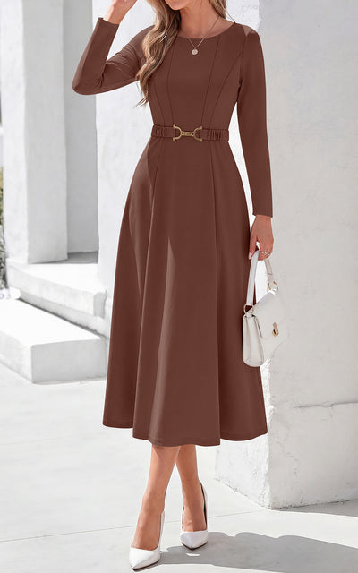 PRETTYGARDEN Women's Fall Long Sleeve Semi Formal Midi Dresses with Pockets Boat Neck, Metal Buckle Tie Waist, Flowy A Line, Elegant Classy Wedding Guest Cocktail Party Dress, Business Casual Outfits