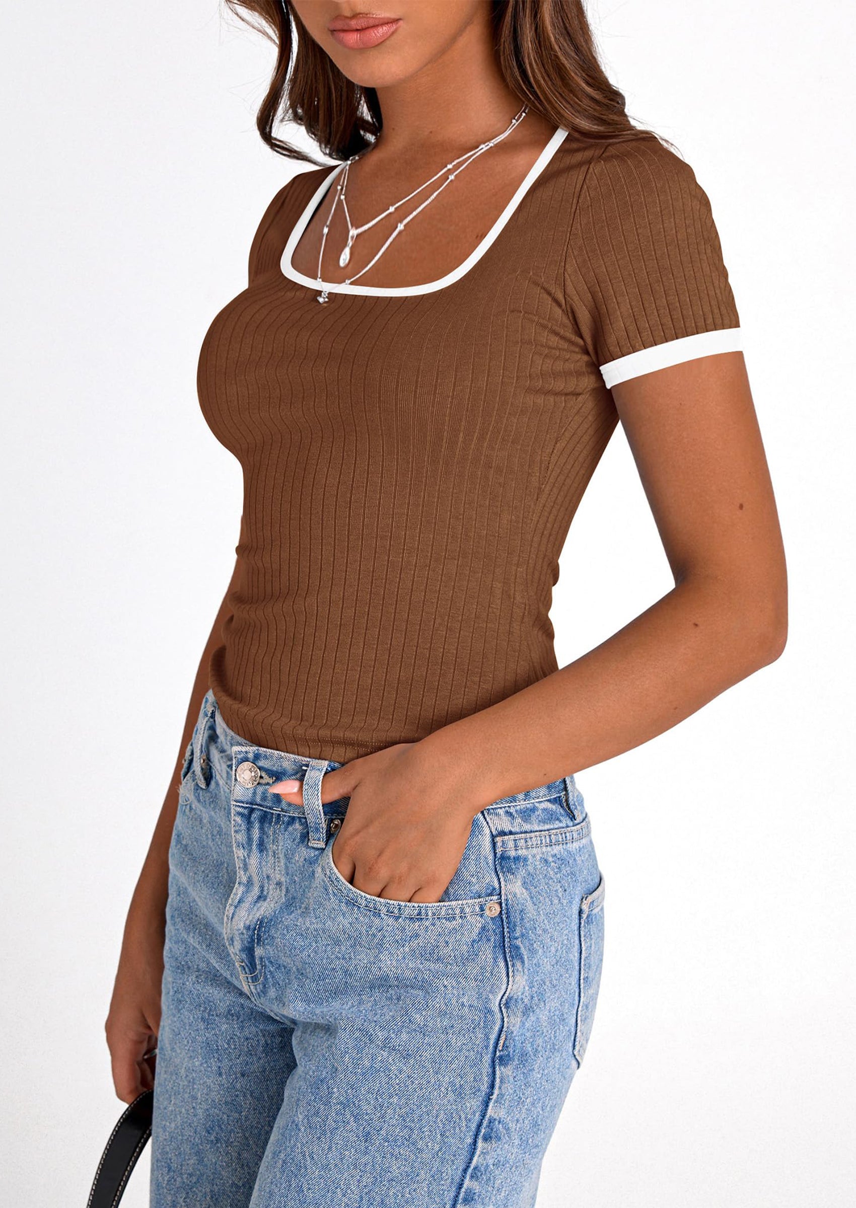 PRETTYGARDEN Women's Summer Short Sleeve T Shirts Ribbed Knit Square Neck Color Block Slim Fit Basic Casual Crop Tops Blouses