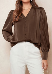PRETTYGARDEN Satin Long Sleeve Womens Blouses Dressy Casual | Glossy Smooth Silk Fabric,Lantern Sleeve Fall Tops,Decorative Button Pullover,V Neck Shirts,Office Work Business Outfits