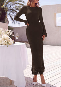 PRETTYGARDEN Womens Long Sleeve Bodycon Sweater Dress  Stretchy Ribbed Knit,Fringe Trim Cuffs & Hem,Slim Fit Crewneck,Date Night Outfits,Fall Winter Wedding Guest Cocktail Dresses