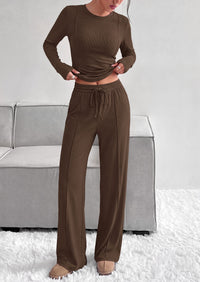 PRETTYGARDEN Womens 2 Piece Sets Long Sleeve Outfits  Soft Ribbed Knit, Loose Wide Leg Fit, Crop Top Drawstring High Waist Pants Set, Casual Lounge Travel, Matching Fall Clothes