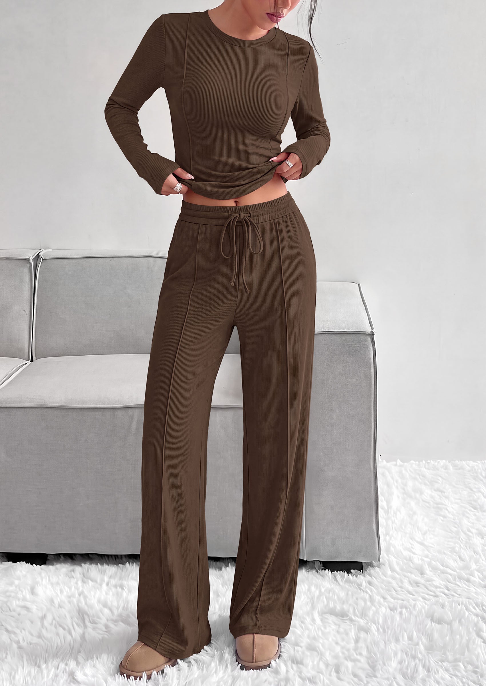 PRETTYGARDEN Womens 2 Piece Sets Long Sleeve Outfits  Soft Ribbed Knit, Loose Wide Leg Fit, Crop Top Drawstring High Waist Pants Set, Casual Lounge Travel, Matching Fall Clothes
