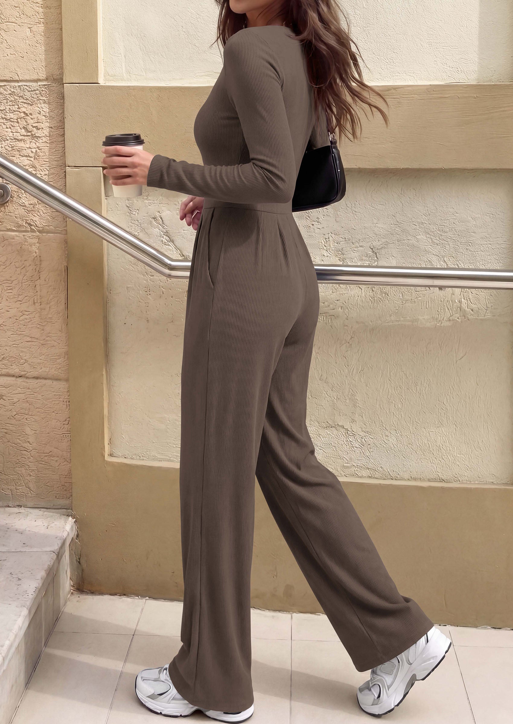 PRETTYGARDEN Womens Fall One Piece Long Sleeve Jumpsuit | Stretchy Ribbed Knit, Fashion Deep V Neck, Wide Leg Romper with Pockets, Work Business Casual Outfits, Trendy Winter Clothes