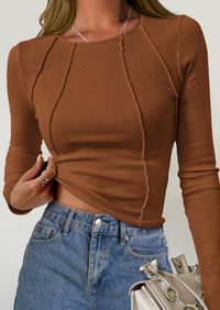 KIRUNDO Ribbed Long Sleeve Tops for Women Stretch Slim Basic Crop Tee Exposed Seams Spring Fall Fashion Trendy Tshirt