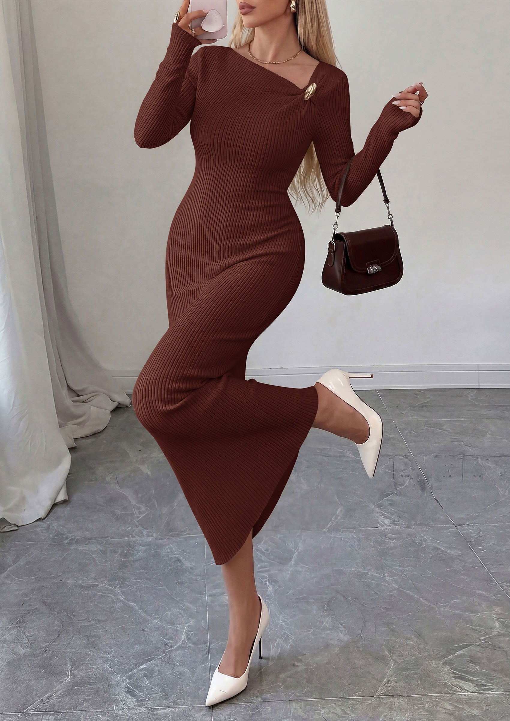 PRETTYGARDEN Womens Fall Long Sleeve Ribbed Sweater Dress | Breathable Knit Fabric, Elegant Bodycon Cut, Fashion Asymmetrical Neck, Night Out Party Dresses, 2026 Trendy Winter Clothes  Price, product page