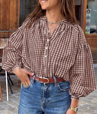 PRETTYGARDEN Women Fall Plaid Long Puff Sleeve Shirts V Neck Casual Blouses  Gingham Button Down Oversized, Pleated Drop Shoulder Cotton Tops, Dressy Casual, Work Vacation Travel, Fall Outfits Trendy
