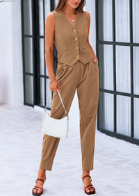 PRETTYGARDEN Two Piece V Neck Button Front Cropped Tank Tops Vest Pockets Pants Cotton Sets