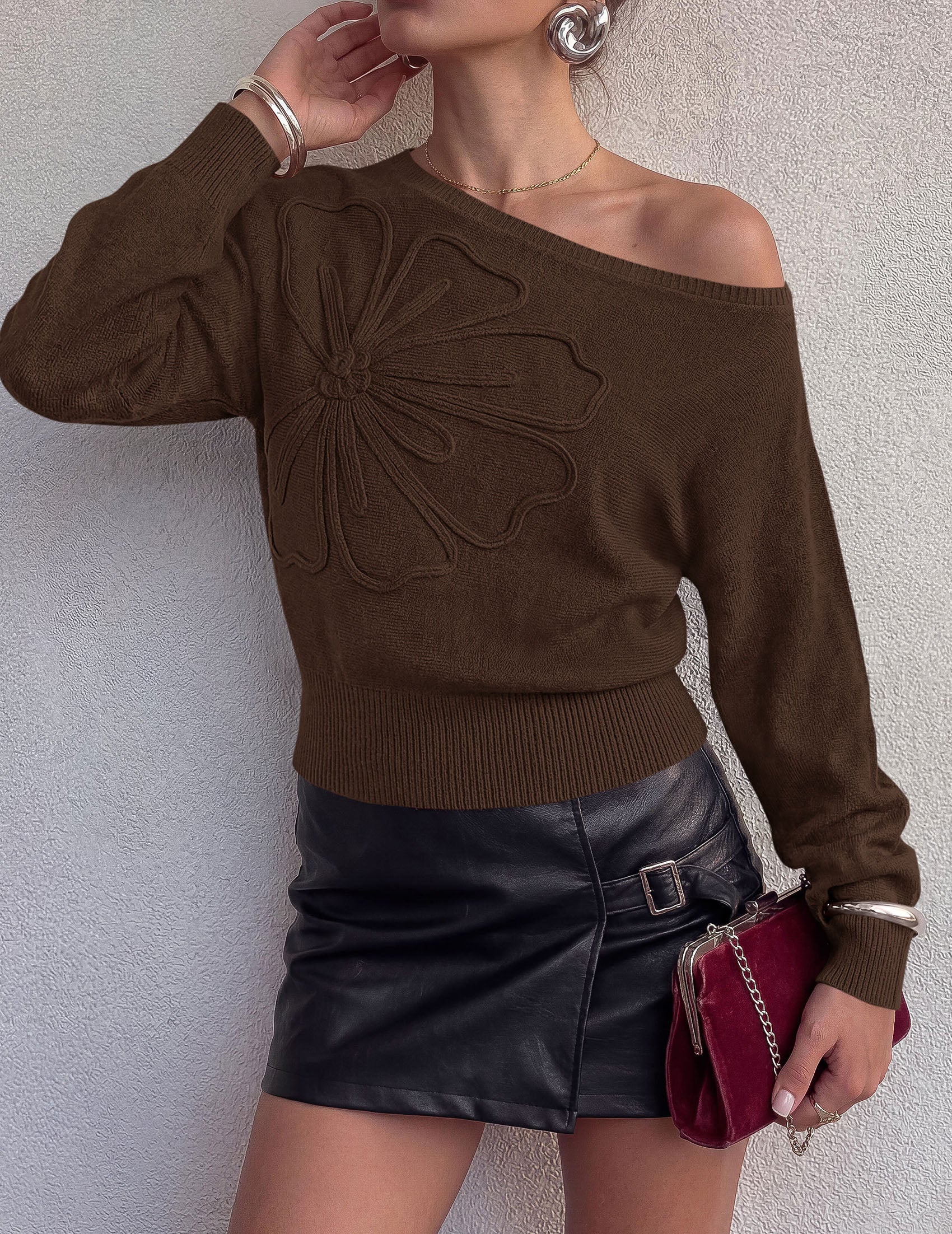PRETTYGARDEN Women's Fall Off The Shoulder Sweater Tops   | 3D Flower Off Shoulder Sweater, Cinched Waist, Long Sleeve Cropped Sweaters, Knit Pullover Tops, Trendy Date Night Outfit