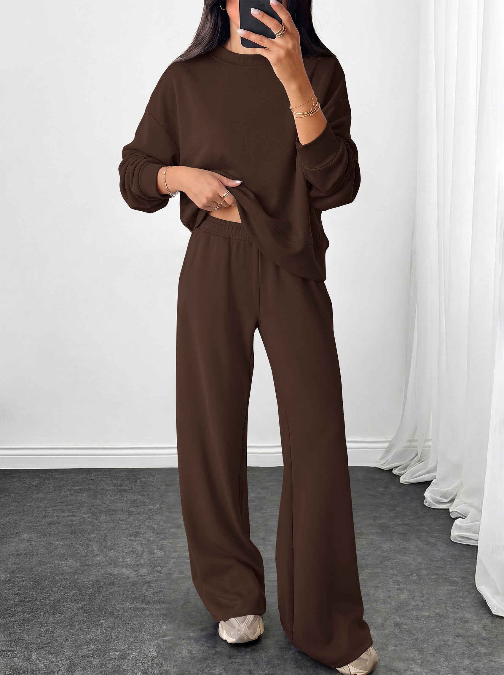 PRETTYGARDEN Womens 2 Piece Outfits Fall Sweatsuits Matching Lounge Sets  | Crewneck Long Sleeve Sweatshirt, Wide Leg Pants Sets with Pockets & Drawstring, Casual Tracksuit, Travel Airport Outfits 2026