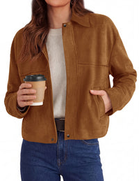 PRETTYGARDEN Women's Faux Suede Cropped Fall Jackets | Soft Zip Up Coats,Classic Lapel Collar,Button Down Shacket,Oversized Casual Outerwear,Trendy Winter Clothes with Pockets