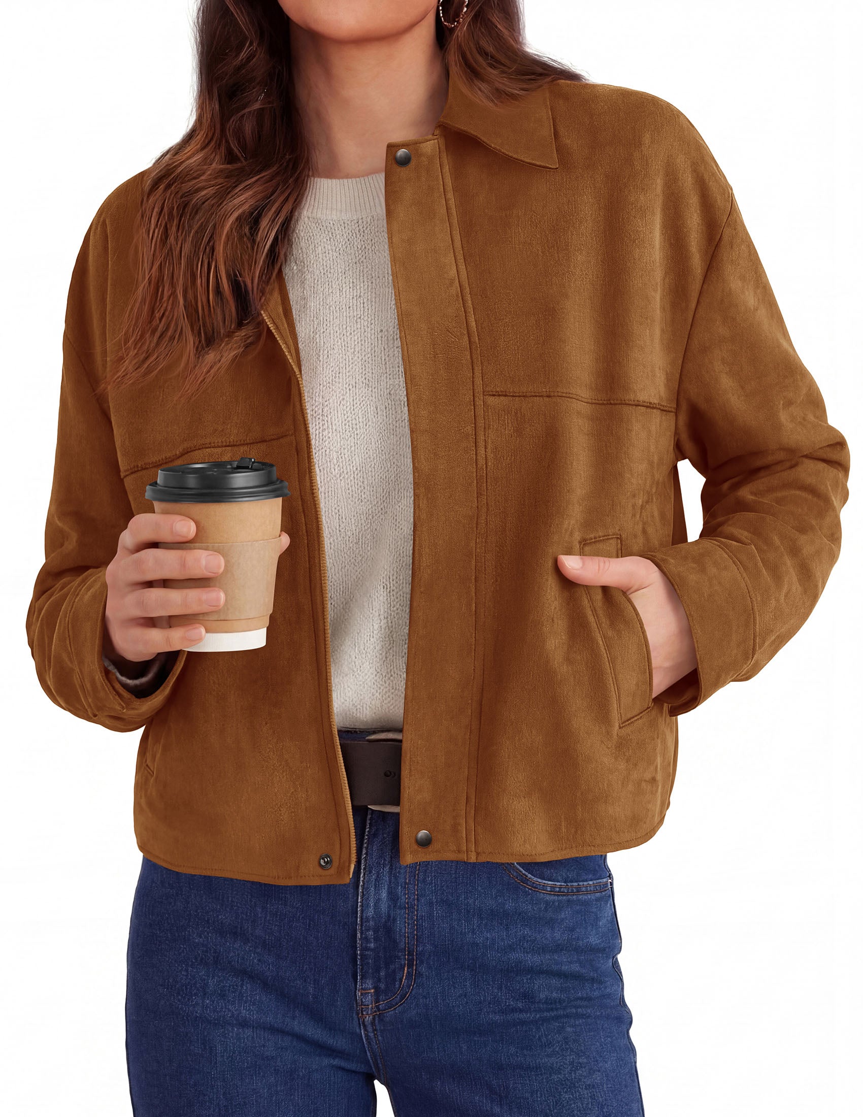 PRETTYGARDEN Women's Faux Suede Cropped Fall Jackets | Soft Zip Up Coats,Classic Lapel Collar,Button Down Shacket,Oversized Casual Outerwear,Trendy Winter Clothes with Pockets