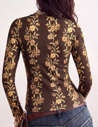 PRETTYGARDEN Womens Long Sleeve Shirts Floral Y2K Tops | Soft Lightweight Ribbed Knit Top,Fitted Waist,Crew Neck Slim Fit,Going Out Vacation Outfits,Layering Fall Winter Clothes