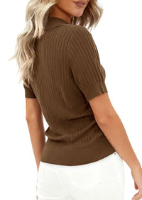 PRETTYGARDEN Women's Short Sleeve Sweater 2026 Spring Polo Shirts Ribbed Knit V Neck Business Casual Tops Summer Work Clothes PRETTYGARDEN