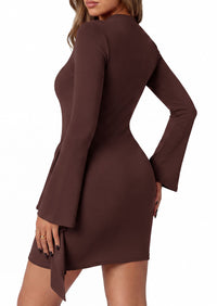 PRETTYGARDEN Women Long Sleeve Bodycon Ruched Mini Dress | Mock Neck Gold Buckle, Slim Fit, Weeding Guest Dress, Elegant Dressy Casual, Cocktail Party Date Night, Fall Winter Outfits