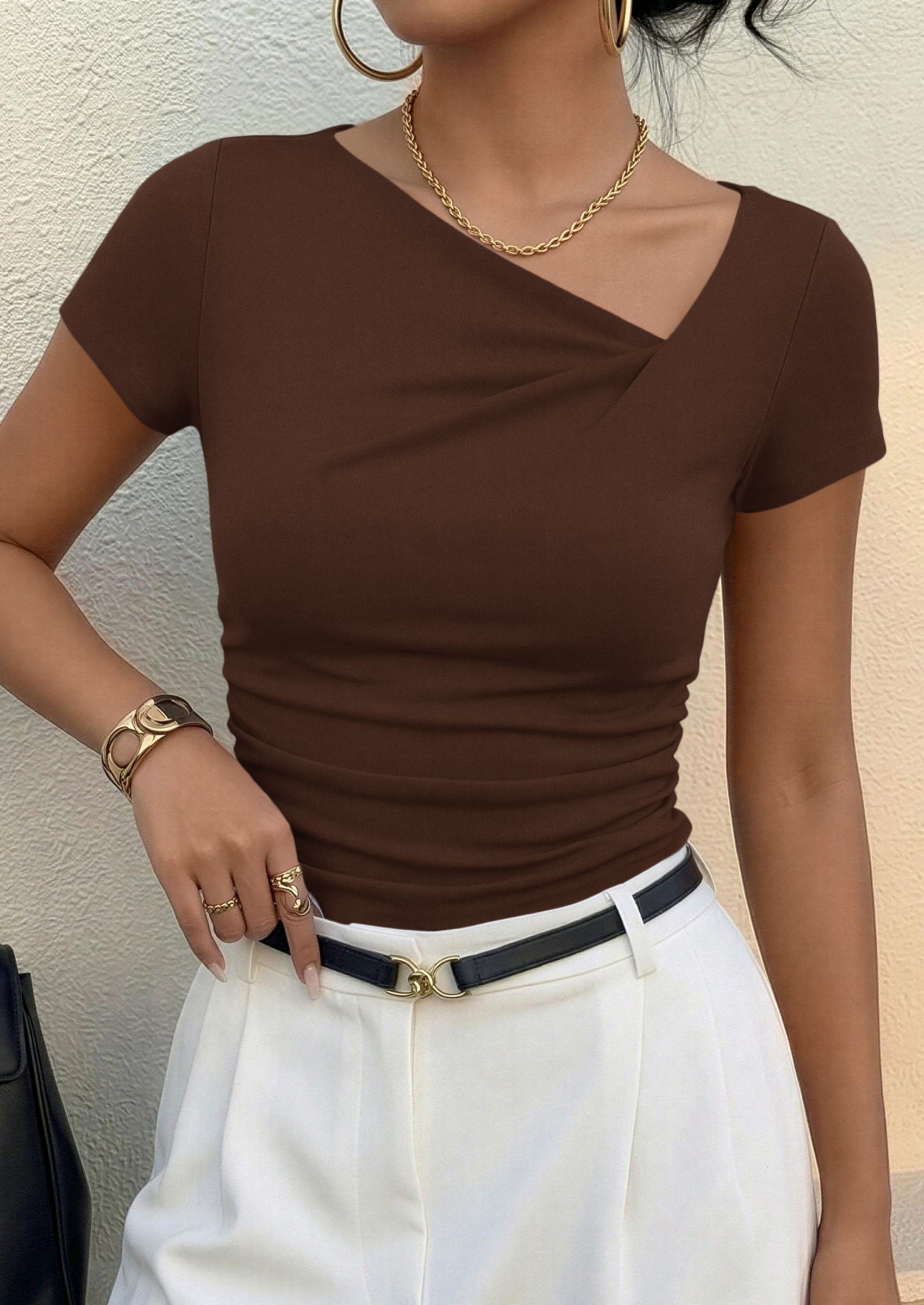 PRETTYGARDEN Women's 2026 Summer Asymmetrical Y2K Tops Trendy Ribbed Short Sleeve Fitted Tee Shirts Spring Fashion Clothing