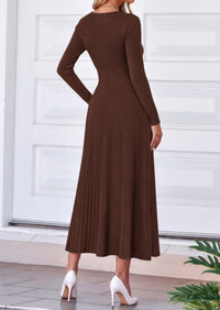 PRETTYGARDEN Women's Fall V Neck Pleated Midi Sweater Dress  Stretchy Ribbed Knit,Long Sleeve,A Line Flowy Skirt,Elegant Long Dresses for Wedding Guest,Work Office,Winter Party Outfits