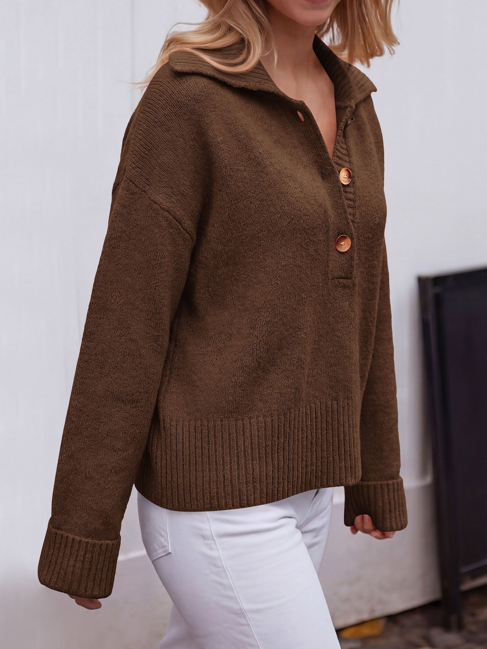 PRETTYGARDEN Womens Fall Long Sleeve Sweaters Button up V Neck Polo Shirts | Quarter Button Collared Tops, Ribbed Knit Comfy Shirts, Relaxed Fit Sweater Tops, Casual Fall Outfits for Women 2026