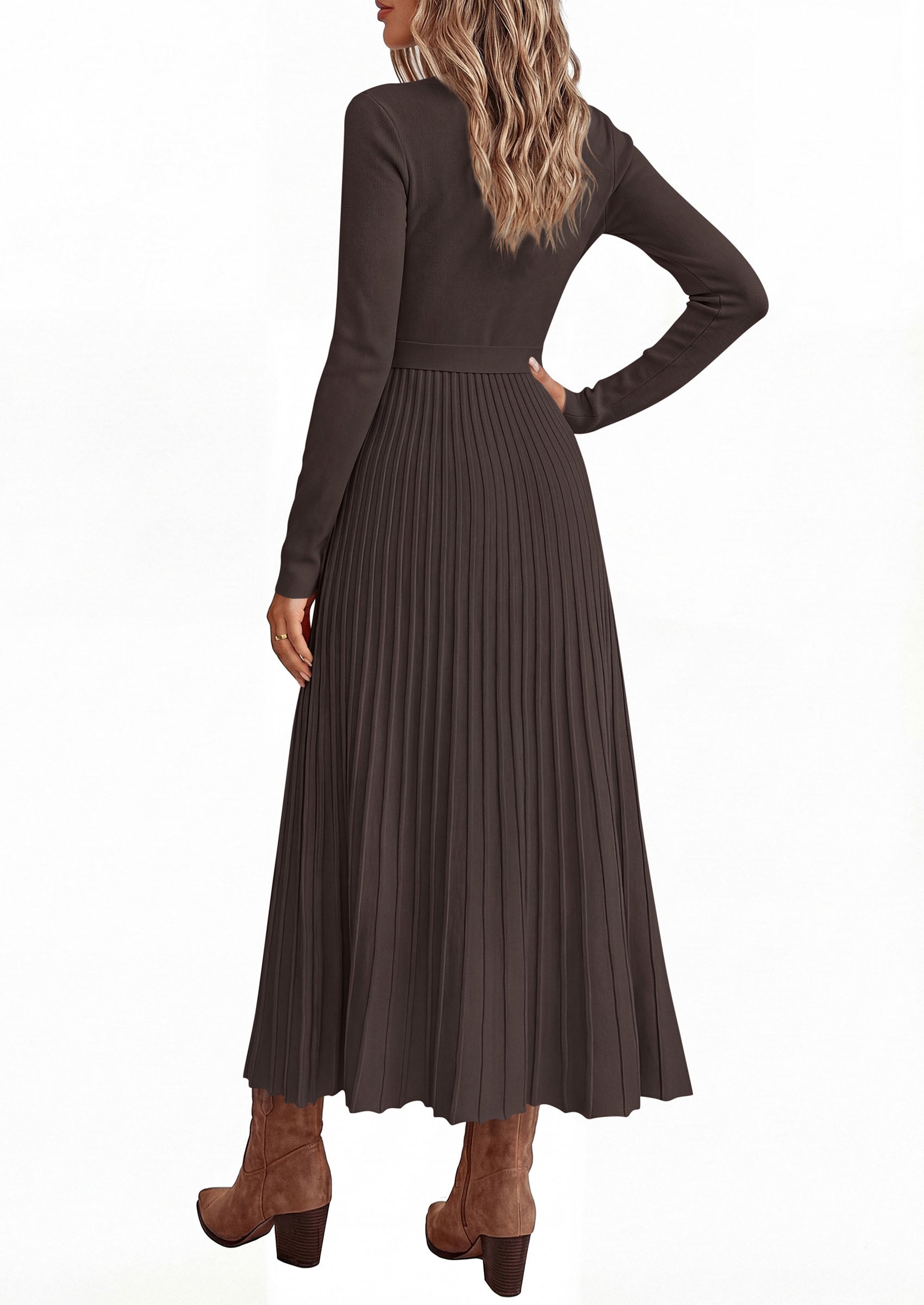 PRETTYGARDEN Womens Fall Maxi Long Sleeve Sweater Dress  Soft Stretchy Knit, V Neck A Line Dresses with Bow, Flowy Pleated Hem, Cocktail Party Outfits, Trendy Winter Clothes
