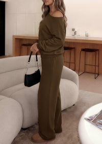 PRETTYGARDEN Womens 2 Piece Casual Matching Lounge Sets  Fashion Off the Shoulder Sweatshirt, Wide Leg Pants with Pockets, Comfy Airport Travel Outfit, 2026 Trendy Fall Set