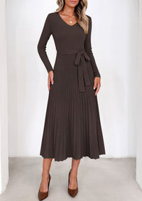 PRETTYGARDEN Womens Fall Maxi Long Sleeve Sweater Dress  Soft Stretchy Knit, V Neck A Line Dresses with Bow, Flowy Pleated Hem, Cocktail Party Outfits, Trendy Winter Clothes