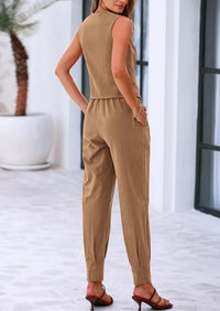 PRETTYGARDEN Two Piece V Neck Button Front Cropped Tank Tops Vest Pockets Pants Cotton Sets