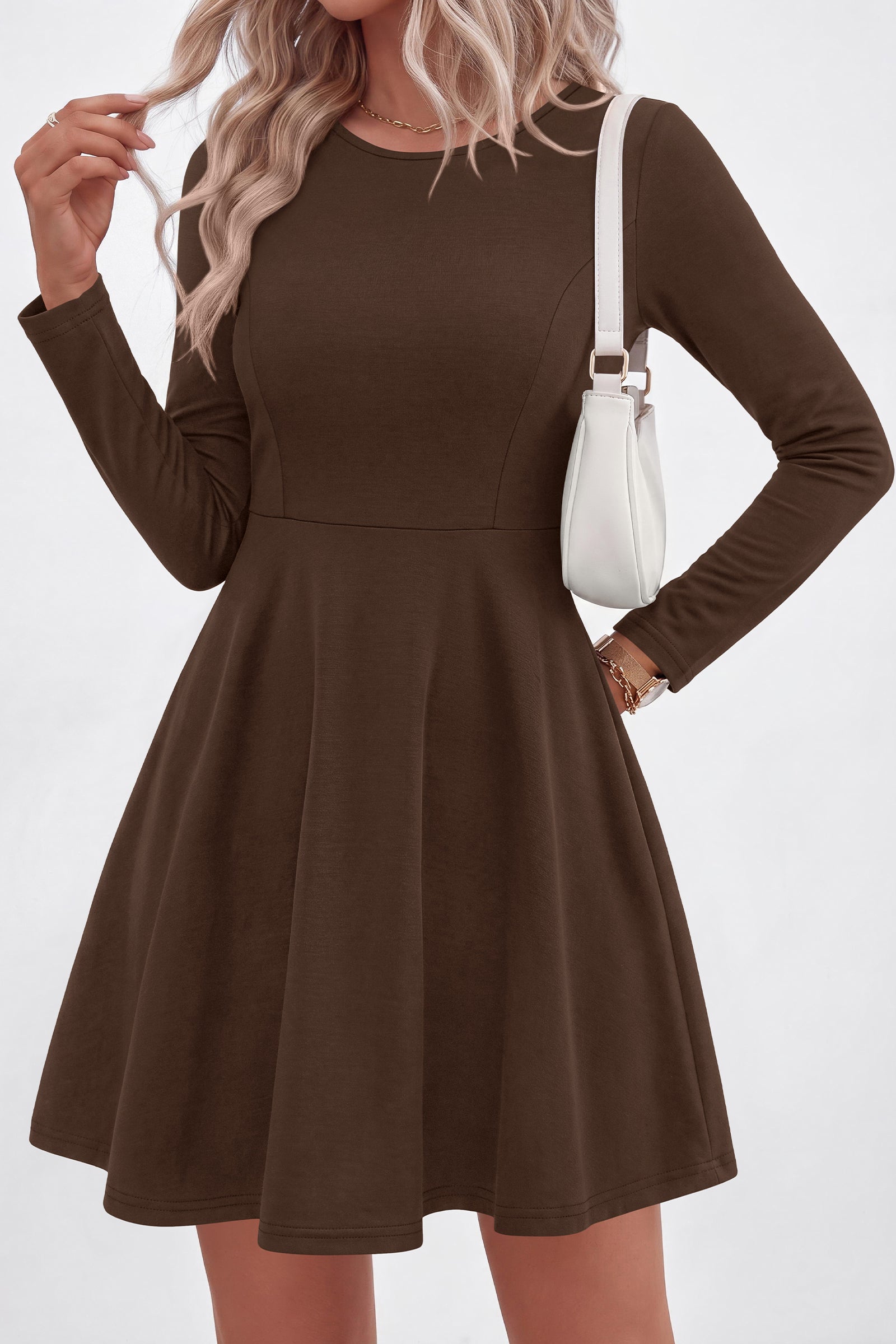PRETTYGARDEN Women Basic Long Sleeve Crewneck Mini Dress