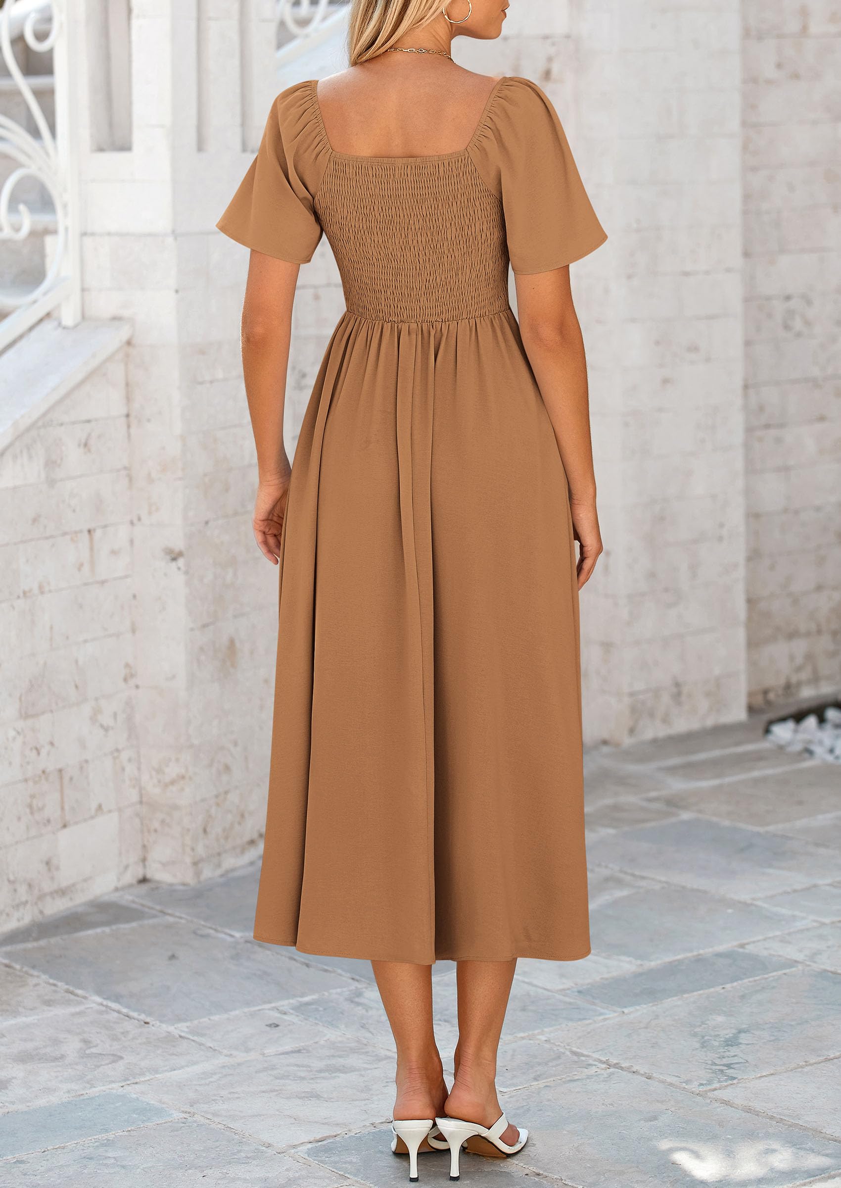 PRETTYGARDEN Summer Dress for Women Casual Short Sleeve Bow Tie V Neck Ruffle Midi Flowy Dresses