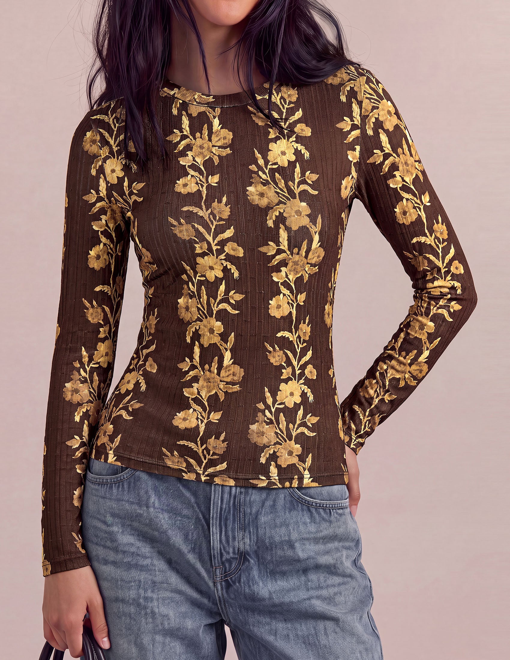 PRETTYGARDEN Womens Long Sleeve Shirts Floral Y2K Tops | Soft Lightweight Ribbed Knit Top,Fitted Waist,Crew Neck Slim Fit,Going Out Vacation Outfits,Layering Fall Winter Clothes