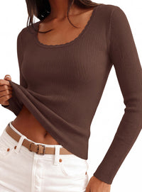 PRETTYGARDEN Women's Fall Lightweight Ribbed Knit Sweaters | Stretchy Cozy Knitwear,Scalloped Scoop Neck,Long Sleeve Shirts,Slim Fitted Pullover,Basic Layering Tops,Cute Casual Outfits