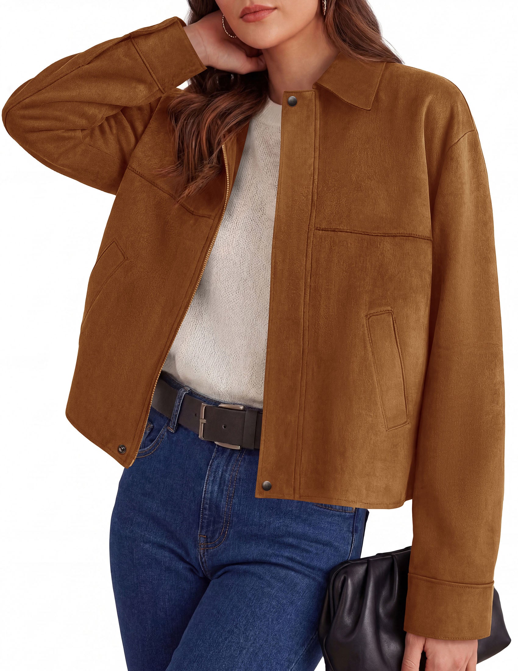 PRETTYGARDEN Women's Faux Suede Cropped Fall Jackets | Soft Zip Up Coats,Classic Lapel Collar,Button Down Shacket,Oversized Casual Outerwear,Trendy Winter Clothes with Pockets