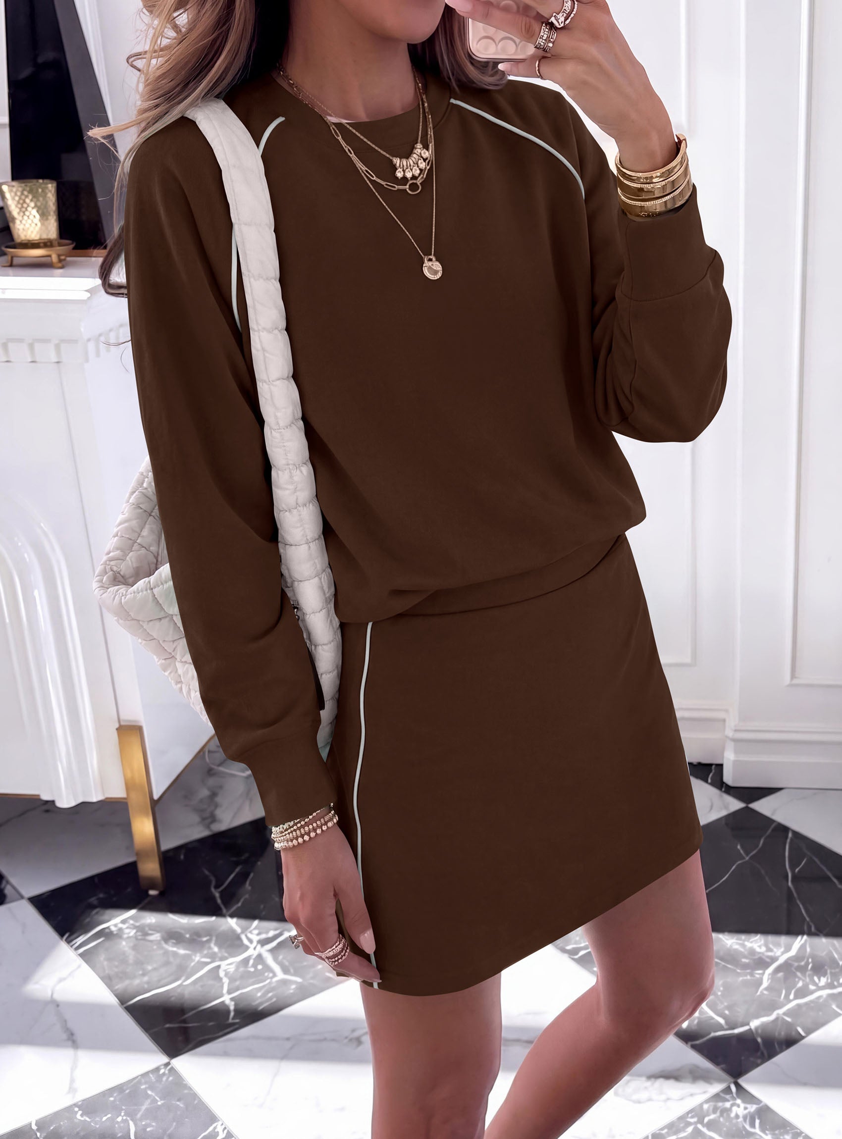 PRETTYGARDEN Women's Two Piece Outfits Matching Skirt Sets | Color Block Long Sleeve Top Sweatshirt, Mini Short Skirts, Elastic Waist Skorts Pocket, 2pc Workout Set, Fall Fashion Clothes