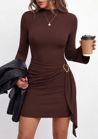 PRETTYGARDEN Women Long Sleeve Bodycon Ruched Mini Dress | Mock Neck Gold Buckle, Slim Fit, Weeding Guest Dress, Elegant Dressy Casual, Cocktail Party Date Night, Fall Winter Outfits