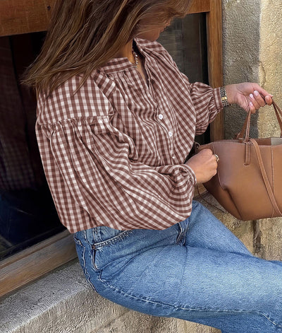 PRETTYGARDEN Women Fall Plaid Long Puff Sleeve Shirts V Neck Casual Blouses  Gingham Button Down Oversized, Pleated Drop Shoulder Cotton Tops, Dressy Casual, Work Vacation Travel, Fall Outfits Trendy