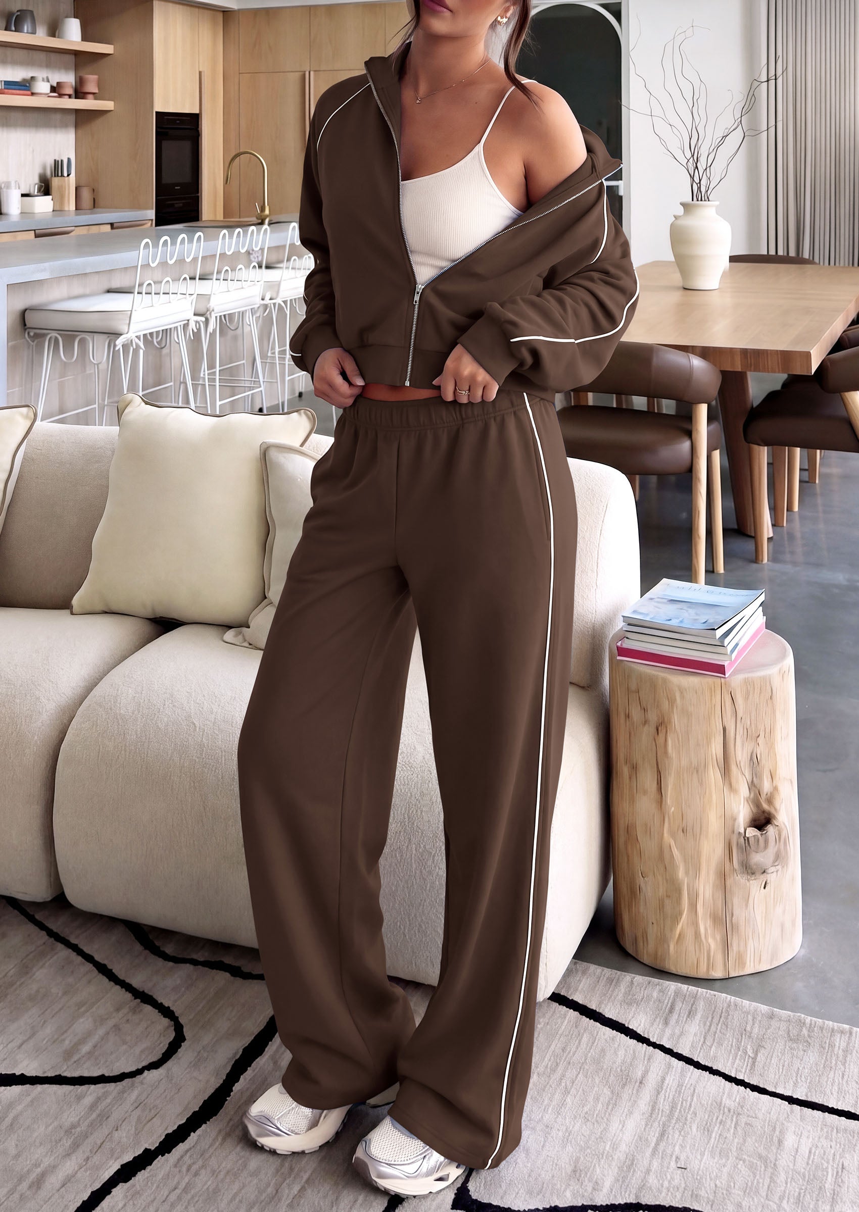 PRETTYGARDEN Women's 2 Piece Sweat Set Casual Fall Outfits | Zip Up Sweatshirt,Wide Leg Pants Sweatsuits,Side Stripes,Matching Lounge Sets,Athletic Wear for Airport,Jogging,Travel,Daily