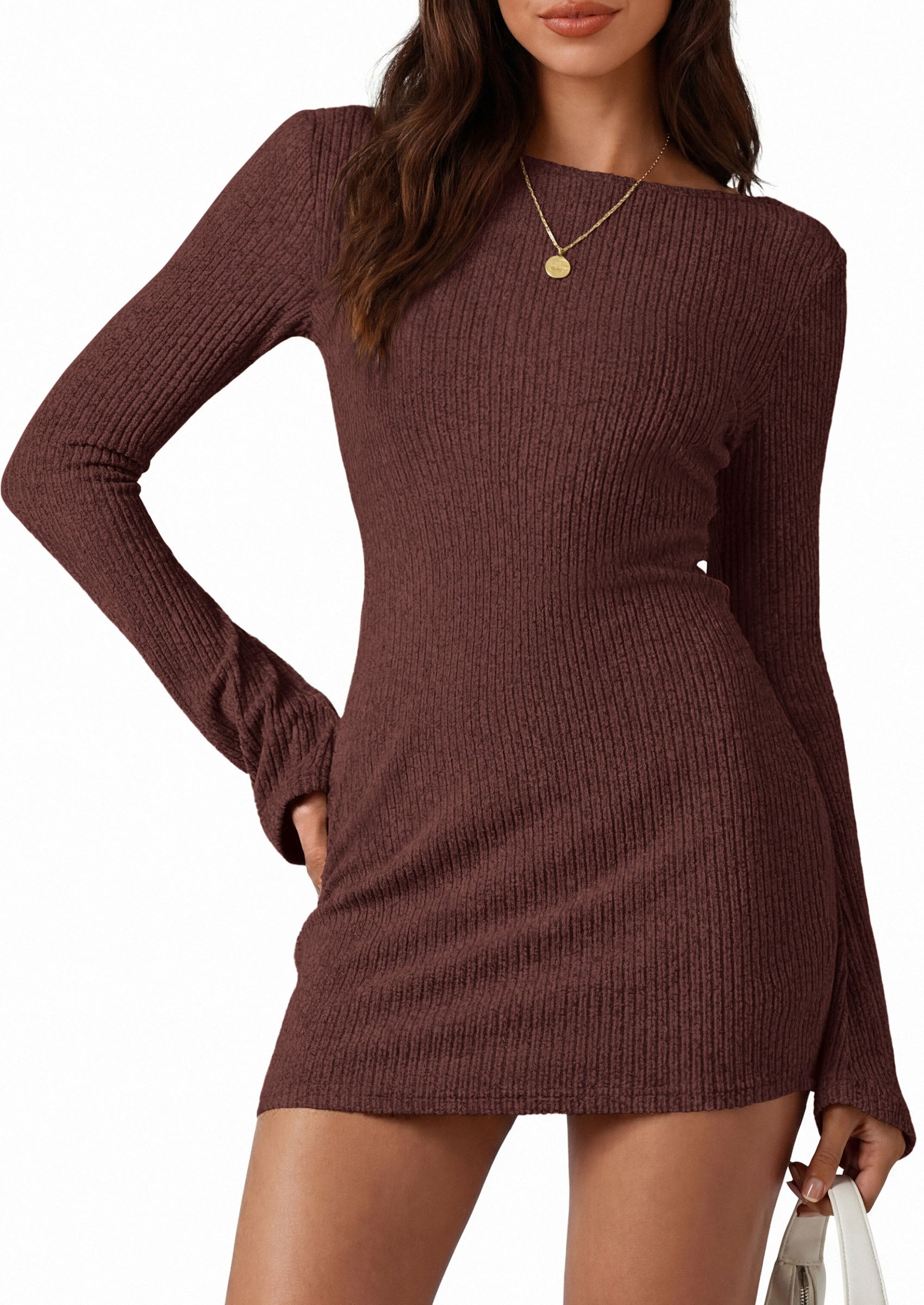 PRETTYGARDEN Womens Fall Bell Long Sleeve Mini Dress 2026 Casual Boat Neck Ribbed Bodycon Short Party Cocktail Dresses