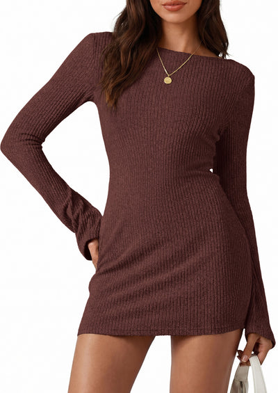 PRETTYGARDEN Womens Fall Bell Long Sleeve Mini Dress 2026 Casual Boat Neck Ribbed Bodycon Short Party Cocktail Dresses