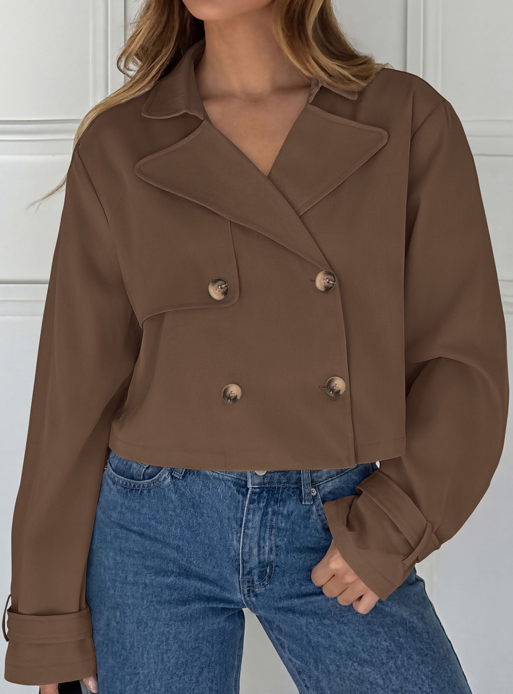 PRETTYGARDEN Cropped Trench Coat For Women Short Jacket  Soft Lightweight Coats, Lapel Double Breasted, Long Sleeve Loose Fit, Casual Work Office Jackets, Fall Winter Outwear