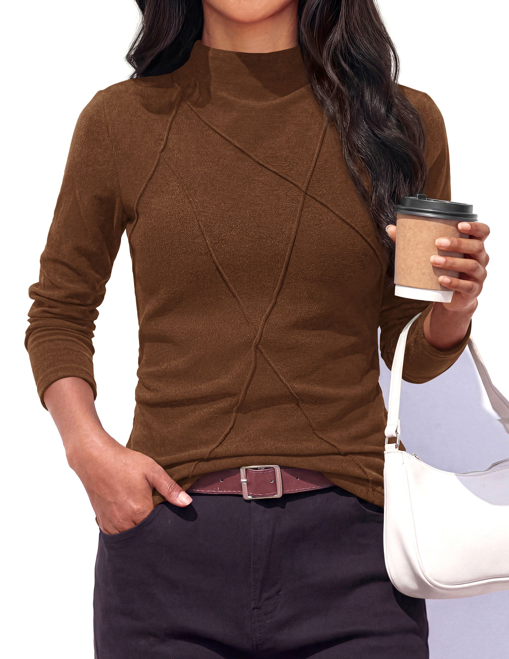 PRETTYGARDEN Women's Fall Mock Neck Long Sleeve Shirts | Soft Stretchy Knit,Geometric Seam Stitching,Slim Fitted Basic Tees,Thermal Casual Wear,Daily Work Layering Winter Tunic Top