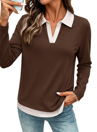 PRETTYGARDEN Womens Casual Polo T-Shirt Color Block Layered Tops | Contrast Collared V Neck Tops, Soft Double Layer T Shirts for Women, Casual Tops for Women, Trendy Fall Outfits 2026